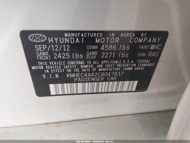Продаж на аукціоні авто 2012 Hyundai Sonata Hybrid, vin: KMHEC4A42CA047837, номер лоту: 45784803