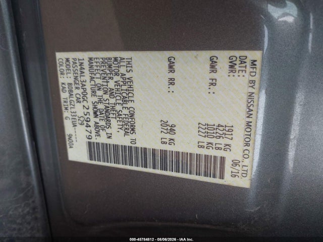 2016 Nissan Altima 2.5 S მანქანა იყიდება აუქციონზე, vin: 1N4AL3AP0GC259479, აუქციონის ნომერი: 45784812