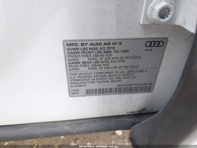 Aukcja sprzedaży 2019 Audi Q7 45 Premium/45 Se Premium, vin: WA1LHAF7XKD039166, numer aukcji: 45784815
