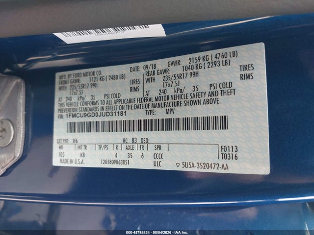 1FMCU9GD0JUD31181 Ford ESCAPE SE
