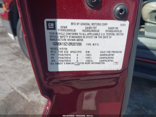 Продаж на аукціоні авто 2002 Chevrolet Tahoe Lt, vin: 1GNEK13Z12R207289, номер лоту: 45784826