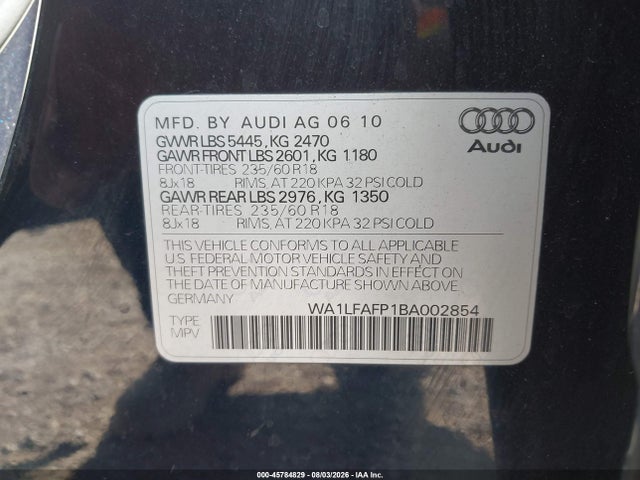 45784829 :رقم المزاد ، WA1LFAFP1BA002854 vin ، 2011 Audi Q5 2.0t Premium مزاد بيع