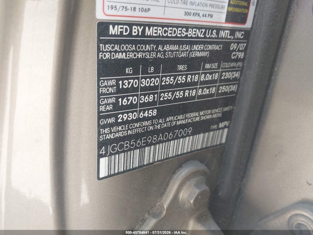 45784841 :رقم المزاد ، 4JGCB56E98A067009 vin ، 2008 Mercedes-benz R 350 مزاد بيع