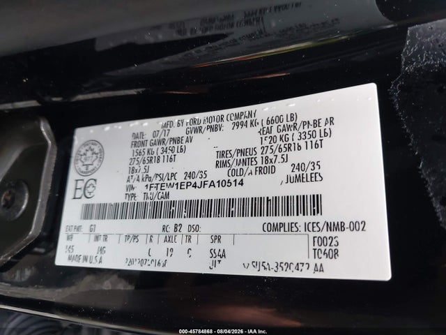 45784868 :رقم المزاد ، 1FTEW1EP4JFA10514 vin ، 2018 Ford F-150 Xlt مزاد بيع