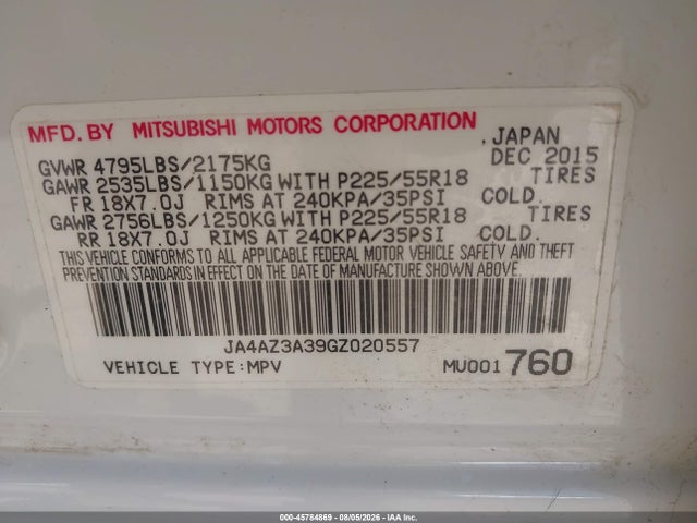 Aukcja sprzedaży 2016 Mitsubishi Outlander Es, vin: JA4AZ3A39GZ020557, numer aukcji: 45784869