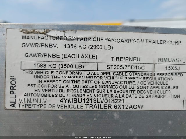 2020 Carry On Trailer მანქანა იყიდება აუქციონზე, vin: 4YMBU1219LV018221, აუქციონის ნომერი: 45784893