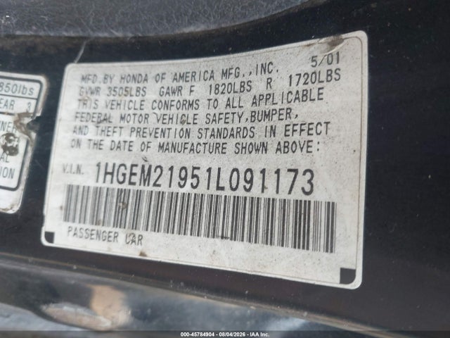 2001 Honda Civic Ex მანქანა იყიდება აუქციონზე, vin: 1HGEM21951L091173, აუქციონის ნომერი: 45784904