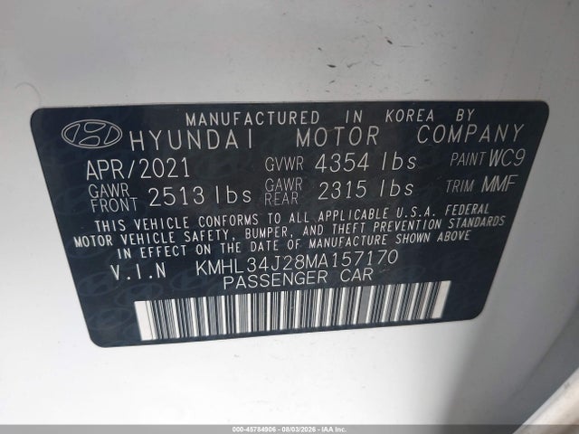 2021 Hyundai Sonata Limited მანქანა იყიდება აუქციონზე, vin: KMHL34J28MA157170, აუქციონის ნომერი: 45784906