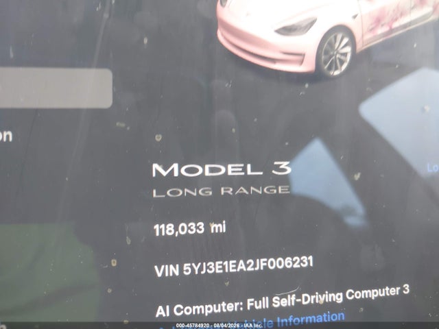 2018 Tesla Model 3 Long Range/mid Range მანქანა იყიდება აუქციონზე, vin: 5YJ3E1EA2JF006231, აუქციონის ნომერი: 45784920