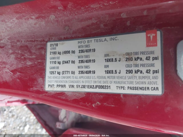 2018 Tesla Model 3 Long Range/mid Range მანქანა იყიდება აუქციონზე, vin: 5YJ3E1EA2JF006231, აუქციონის ნომერი: 45784920