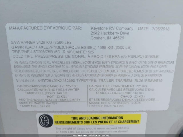 Keystone Bullet 261rbswe 2019 4YDT26129KX432393 Image 9