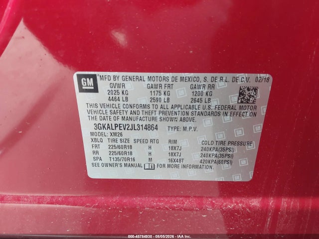 2018 Gmc Terrain Slt მანქანა იყიდება აუქციონზე, vin: 3GKALPEV2JL314864, აუქციონის ნომერი: 45784930