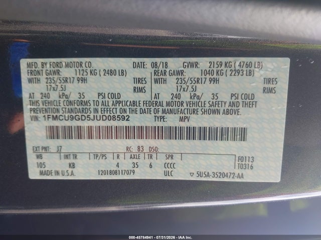 1FMCU9GD5JUD08592 Ford ESCAPE SE