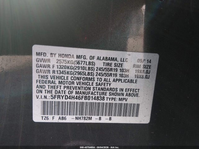 45784954 :رقم المزاد ، 5FRYD4H46FB014838 vin ، 2015 Acura Mdx Technology Package مزاد بيع