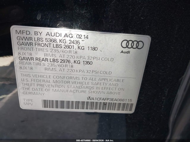 Aukcja sprzedaży 2014 Audi Q5 2.0t Premium, vin: WA1CFAFP3EA086115, numer aukcji: 45784968