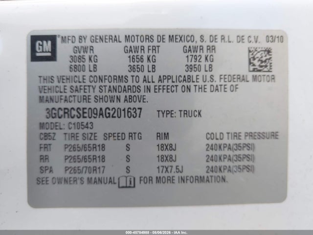 2010 Chevrolet Silverado 1500 Lt მანქანა იყიდება აუქციონზე, vin: 3GCRCSE09AG201637, აუქციონის ნომერი: 45784988