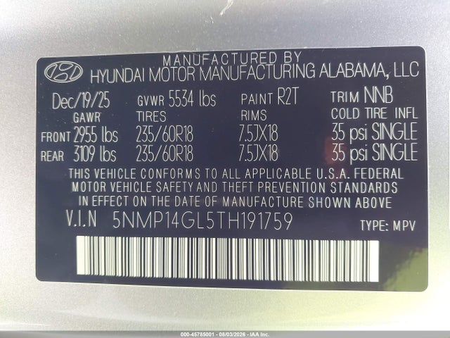 5NMP14GL5TH191759 Hyundai Santa Fe Se