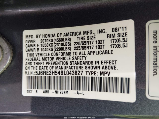 2011 Honda Cr-v Ex მანქანა იყიდება აუქციონზე, vin: 5J6RE3H54BL043827, აუქციონის ნომერი: 45785017
