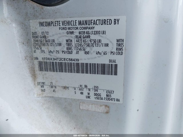 45785024 :رقم المزاد ، 1FD8X3HT2CEC58439 vin ، 2012 Ford F-350 Chassis Xl مزاد بيع