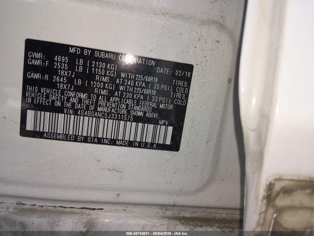 45785031 :رقم المزاد ، 4S4BSANC5J3311575 vin ، 2018 Subaru Outback 2.5i Limited مزاد بيع