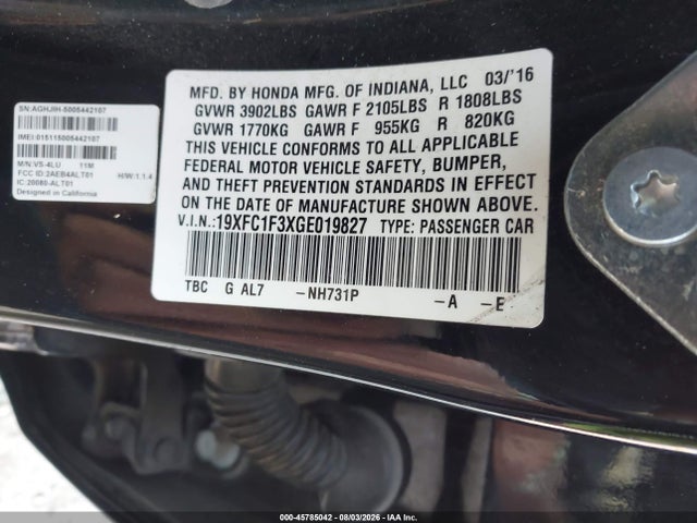 19XFC1F3XGE019827 Honda Civic Ex-t