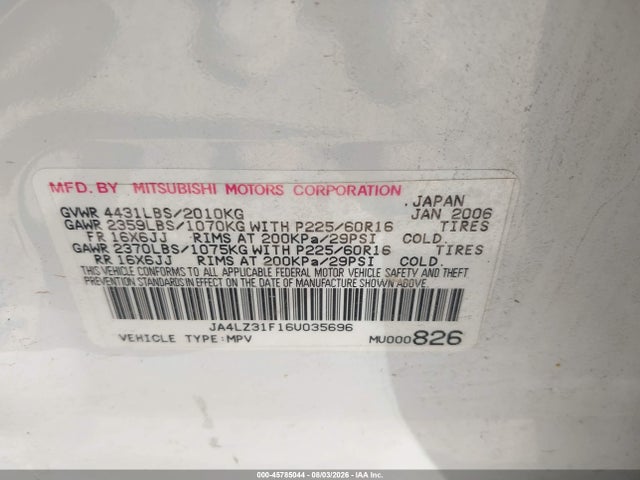 2006 Mitsubishi Outlander Ls მანქანა იყიდება აუქციონზე, vin: JA4LZ31F16U035696, აუქციონის ნომერი: 45785044