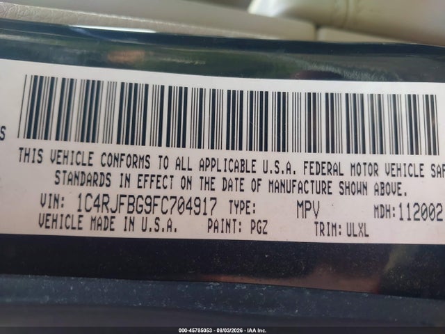 Aukcja sprzedaży 2015 Jeep Grand Cherokee Limited, vin: 1C4RJFBG9FC704917, numer aukcji: 45785053