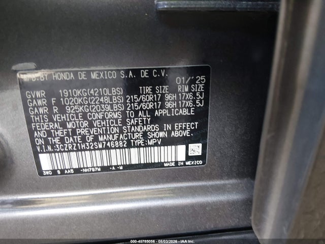 2025 Honda Hr-v 2wd Lx მანქანა იყიდება აუქციონზე, vin: 3CZRZ1H32SM746882, აუქციონის ნომერი: 45785056