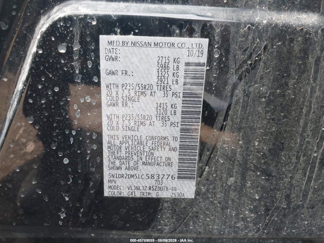 Продажа на аукционе авто 2020 Nissan Pathfinder Platinum 4wd, vin: 5N1DR2DM5LC583776, номер лота: 45785059