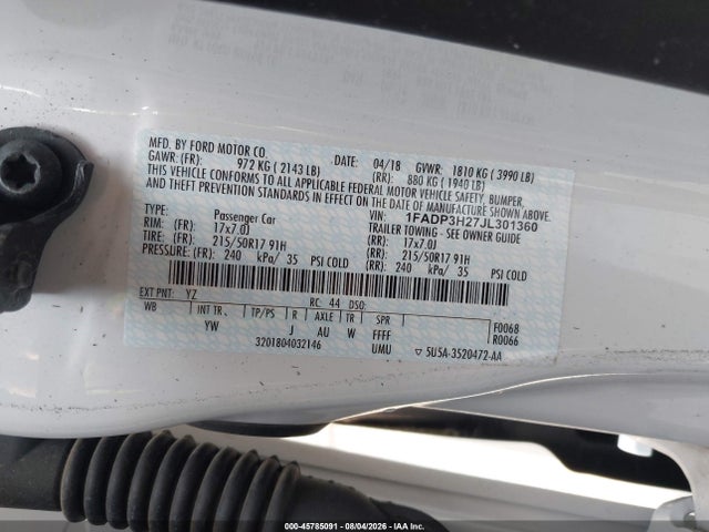 Продаж на аукціоні авто 2018 Ford Focus Sel, vin: 1FADP3H27JL301360, номер лоту: 45785091