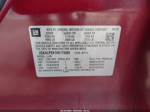 Продажа на аукционе авто 2017 Gmc Terrain Slt, vin: 2GKALPEK7H6173083, номер лота: 45785094