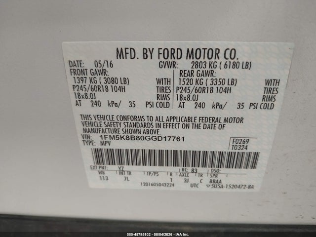 2016 Ford Explorer მანქანა იყიდება აუქციონზე, vin: 1FM5K8B80GGD17761, აუქციონის ნომერი: 45785102