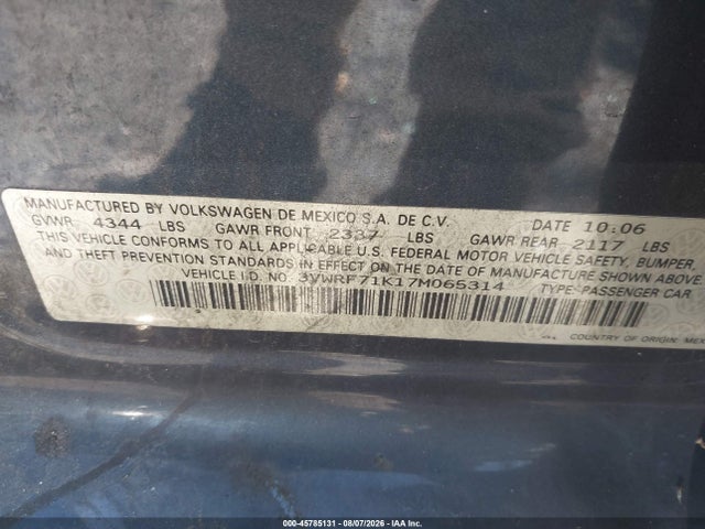 2007 Volkswagen Jetta 2.5 მანქანა იყიდება აუქციონზე, vin: 3VWRF71K17M065314, აუქციონის ნომერი: 45785131