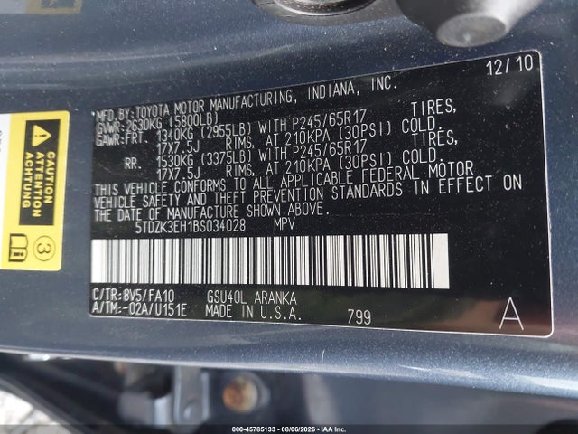 Продажа на аукционе авто 2011 Toyota Highlander Base V6, vin: 5TDZK3EH1BS034028, номер лота: 45785133