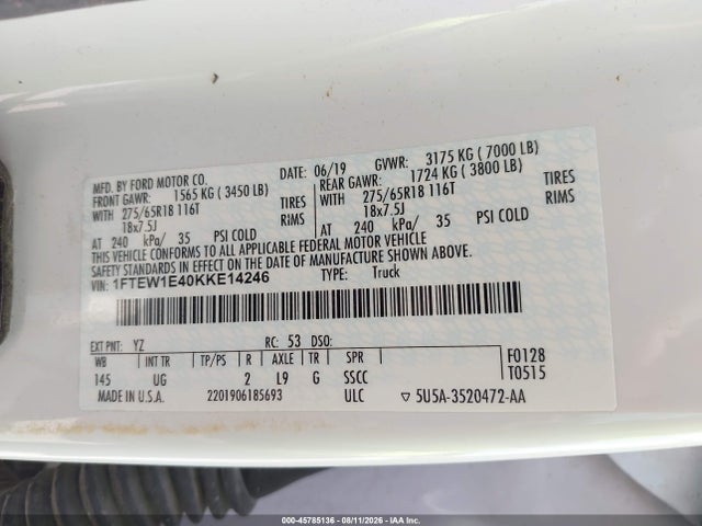 45785136 :رقم المزاد ، 1FTEW1E40KKE14246 vin ، 2019 Ford F-150 Xlt مزاد بيع