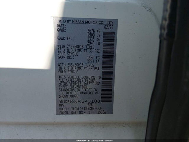 45785180 :رقم المزاد ، 5N1DR3CC0PC245108 vin ، 2023 Nissan Pathfinder Sl 4wd مزاد بيع