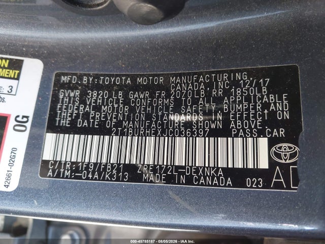 2T1BURHEXJC036397 Toyota COROLLA LE