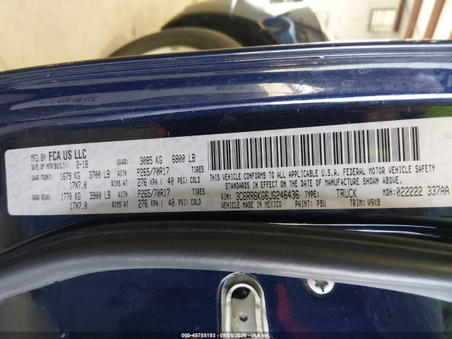45785193 :رقم المزاد ، 3C6RR6KG6JG246436 vin ، 2018 Ram 1500 Tradesman  4x2 5'7 Box مزاد بيع