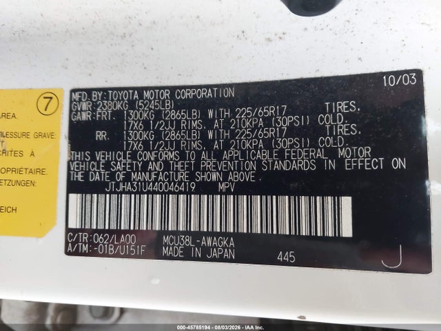 Aukcja sprzedaży 2004 Lexus Rx 330, vin: JTJHA31U440046419, numer aukcji: 45785194