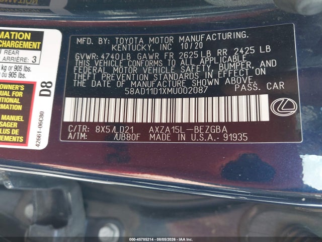 Продажа на аукционе авто 2021 Lexus Es 250, vin: 58AD11D1XMU002087, номер лота: 45785214