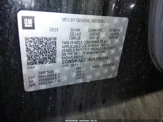 2019 Chevrolet Tahoe Ls მანქანა იყიდება აუქციონზე, vin: 1GNSKAEC8KR295334, აუქციონის ნომერი: 45785229