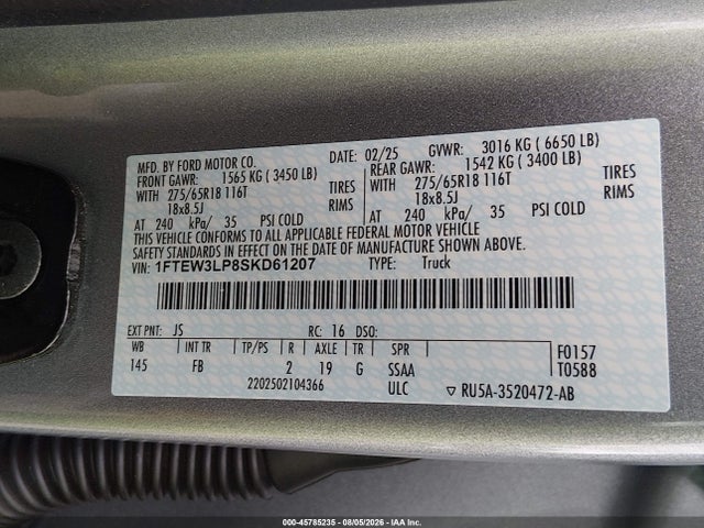 Продажа на аукционе авто 2025 Ford F-150 Xlt, vin: 1FTEW3LP8SKD61207, номер лота: 45785235