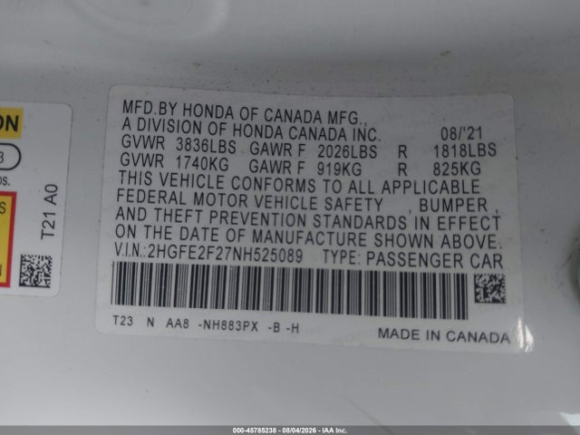 Продаж на аукціоні авто 2022 Honda Civic Lx, vin: 2HGFE2F27NH525089, номер лоту: 45785238