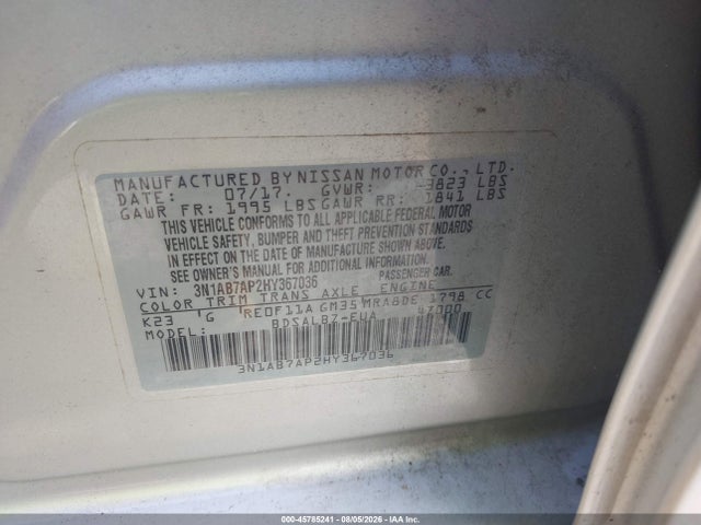 2017 Nissan Sentra S მანქანა იყიდება აუქციონზე, vin: 3N1AB7AP2HY367036, აუქციონის ნომერი: 45785241