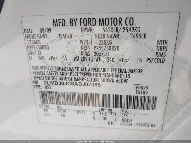 2010 Lincoln Mkx მანქანა იყიდება აუქციონზე, vin: 2LMDJ8JC6ABJ07088, აუქციონის ნომერი: 45785242