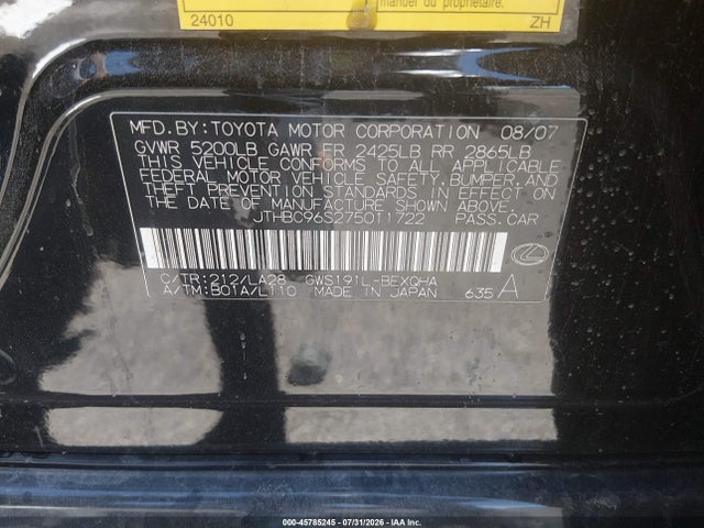 Aukcja sprzedaży 2007 Lexus Gs 450h, vin: JTHBC96S275011722, numer aukcji: 45785245