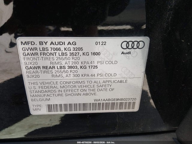 Aukcja sprzedaży 2022 Audi E-tron Premium Quattro, vin: WA1AABGE9NB023720, numer aukcji: 45785250