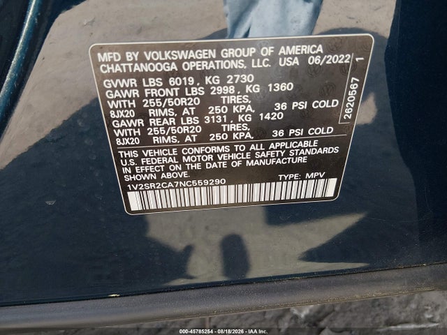 Aukcja sprzedaży 2022 Volkswagen Atlas 3.6l V6 Sel R-line Black, vin: 1V2SR2CA7NC559290, numer aukcji: 45785254