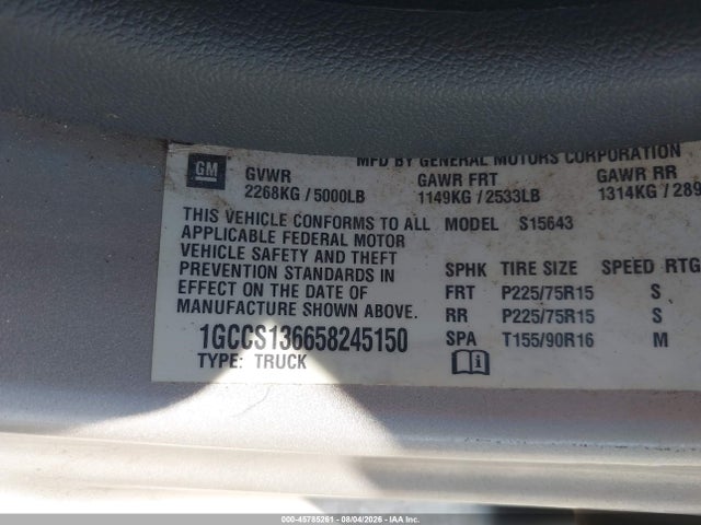 45785261 :رقم المزاد ، 1GCCS136658245150 vin ، 2005 Chevrolet Colorado Ls مزاد بيع