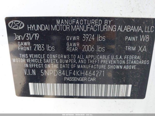 2019 Hyundai Elantra Sel მანქანა იყიდება აუქციონზე, vin: 5NPD84LF4KH464271, აუქციონის ნომერი: 45785264